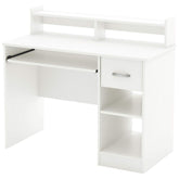 A white desk designed for computers, equipped with a shelf and multiple drawers for efficient storage.